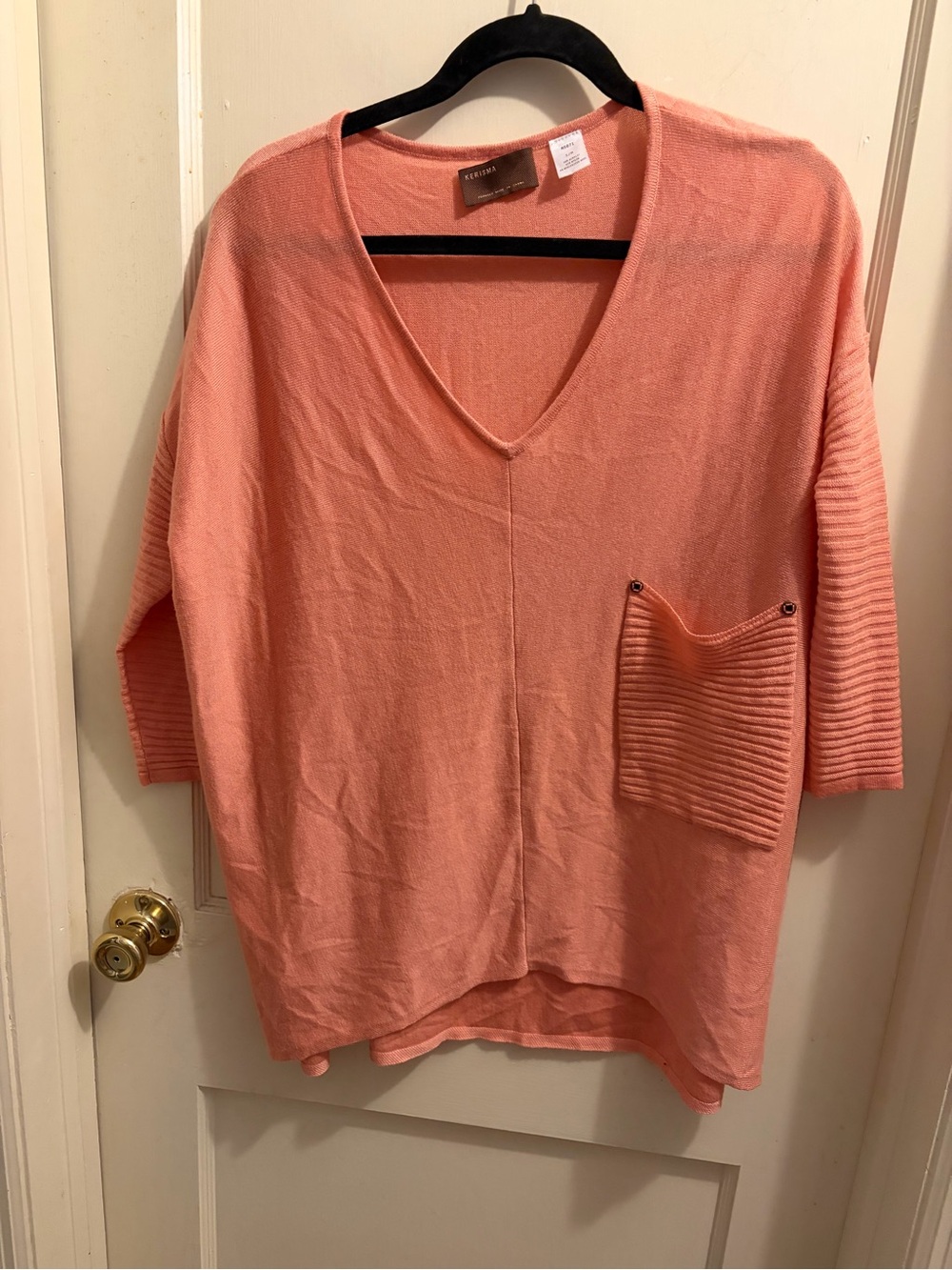 Kerisma Raven V-Neck Slouchy Pocket Sweater S/M Peach 3/4 Sleeve Hi-Low knit